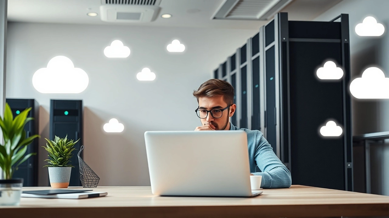 Personne travaillant sur un ordinateur avec des symboles d'hébergement web abordable