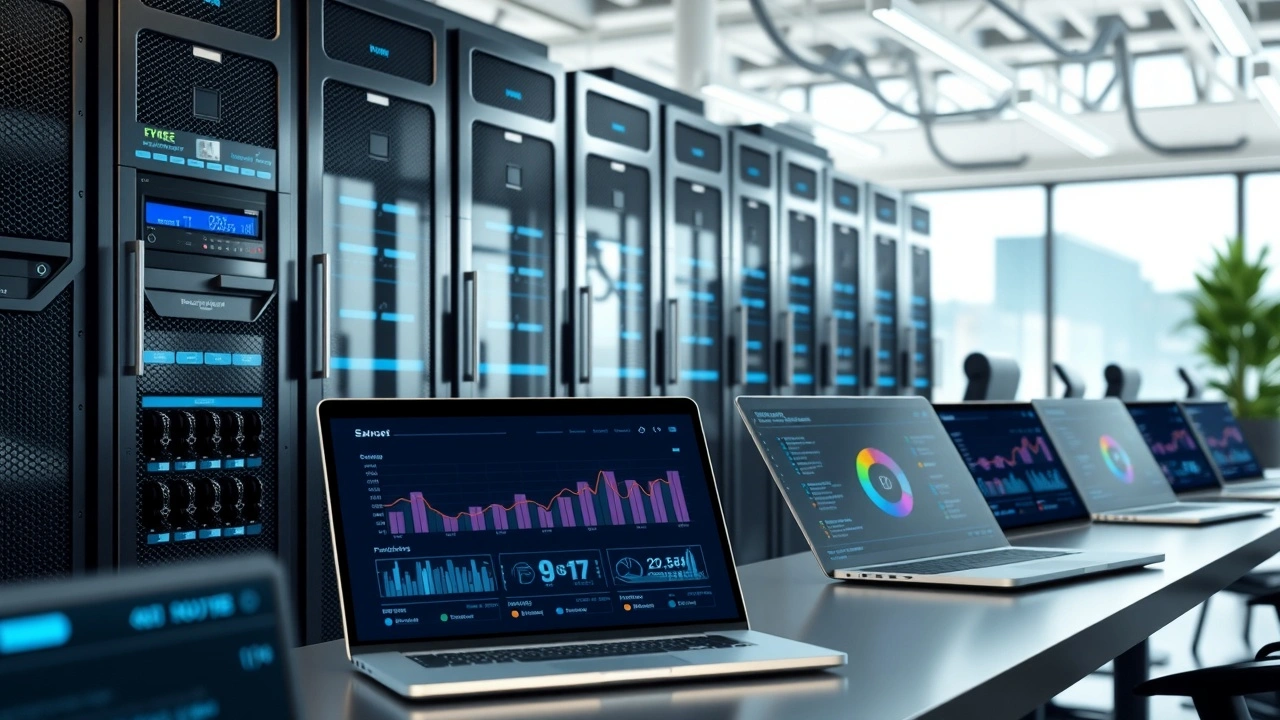 Espace de travail numérique moderne illustrant l'équilibre entre performance et budget des hébergeurs web.