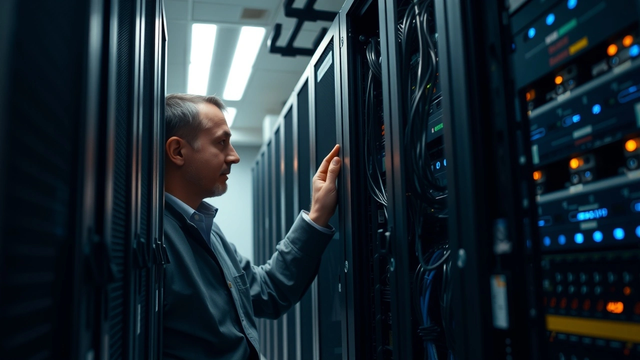 personne inspectant un rack serveur dans une salle data