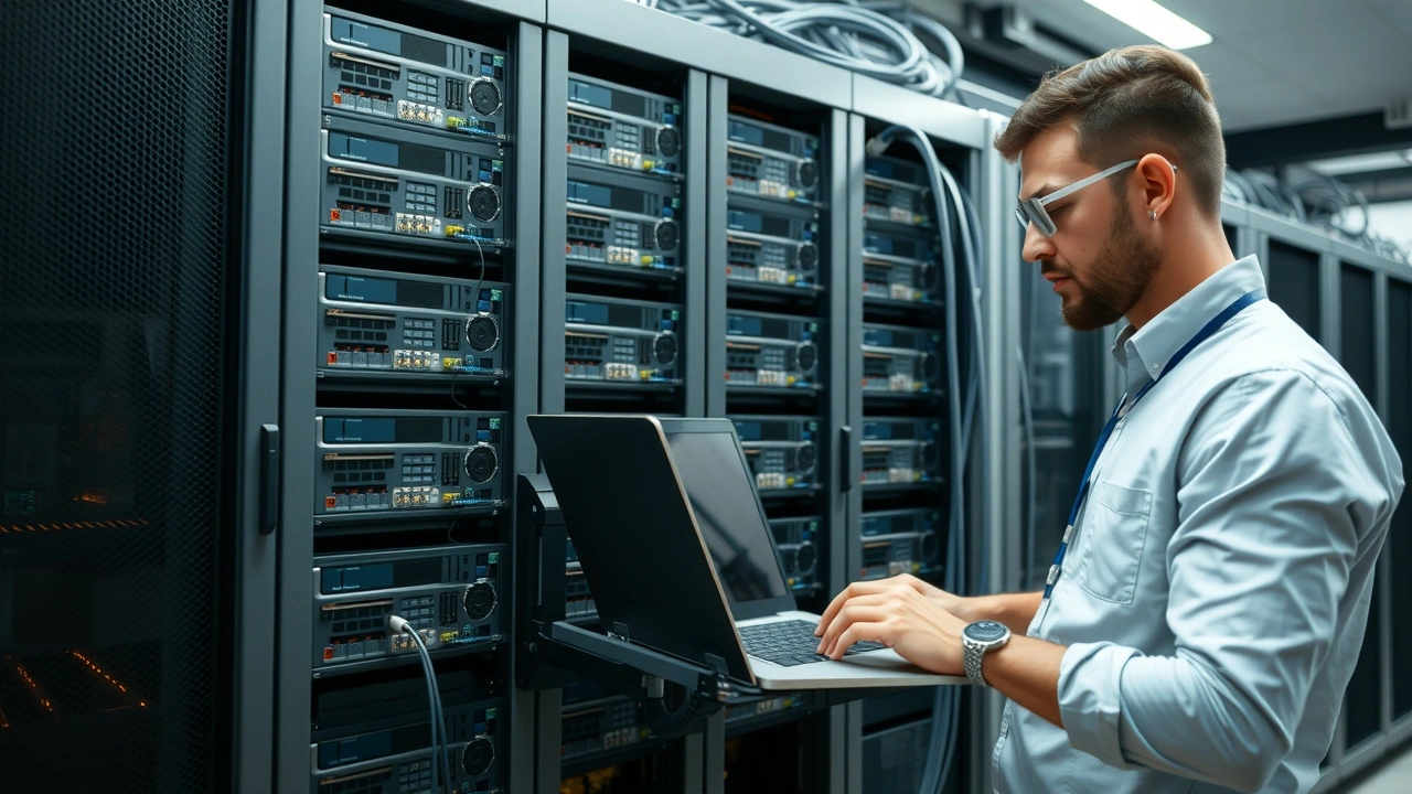 technicien configurant un serveur linux avec cables reseau