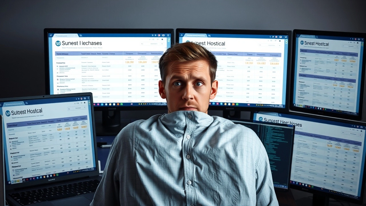 personne frustrée devant plusieurs écrans avec comparaisons hebergeurs confuses