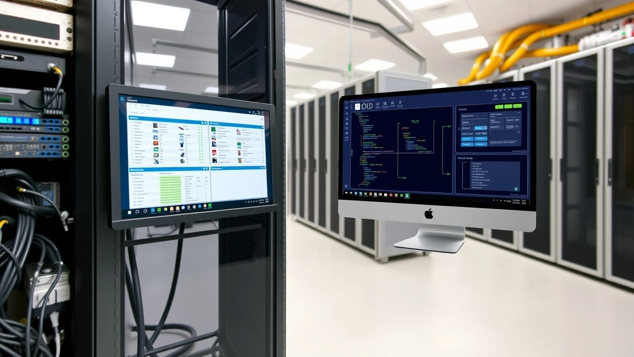 baie de serveur avec ecran montrant surveillance systeme