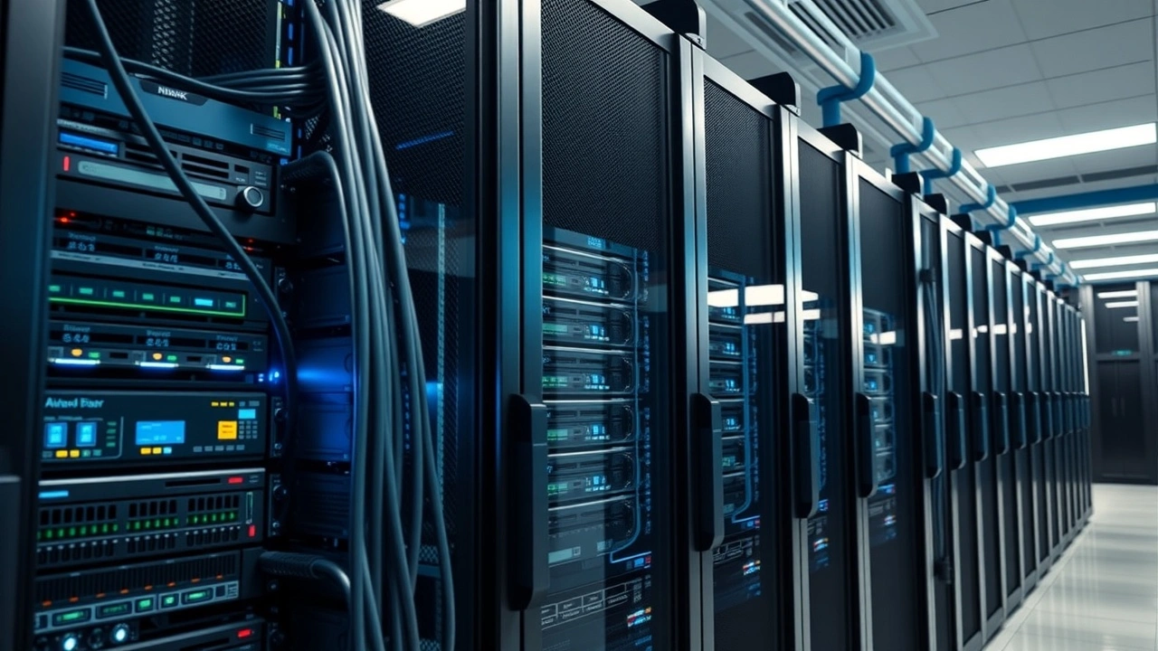 rack de serveur linux moderne avec cables reseau en centre donnees