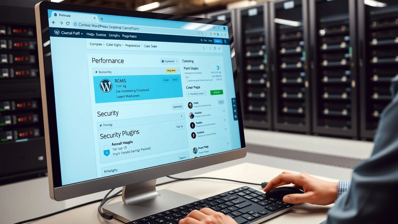 ordinateur avec tableau de bord wordpress et plugins securite rapidite