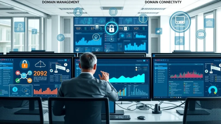 Espace de travail moderne illustrant les outils pour automatiser la gestion et la surveillance des noms de domaine