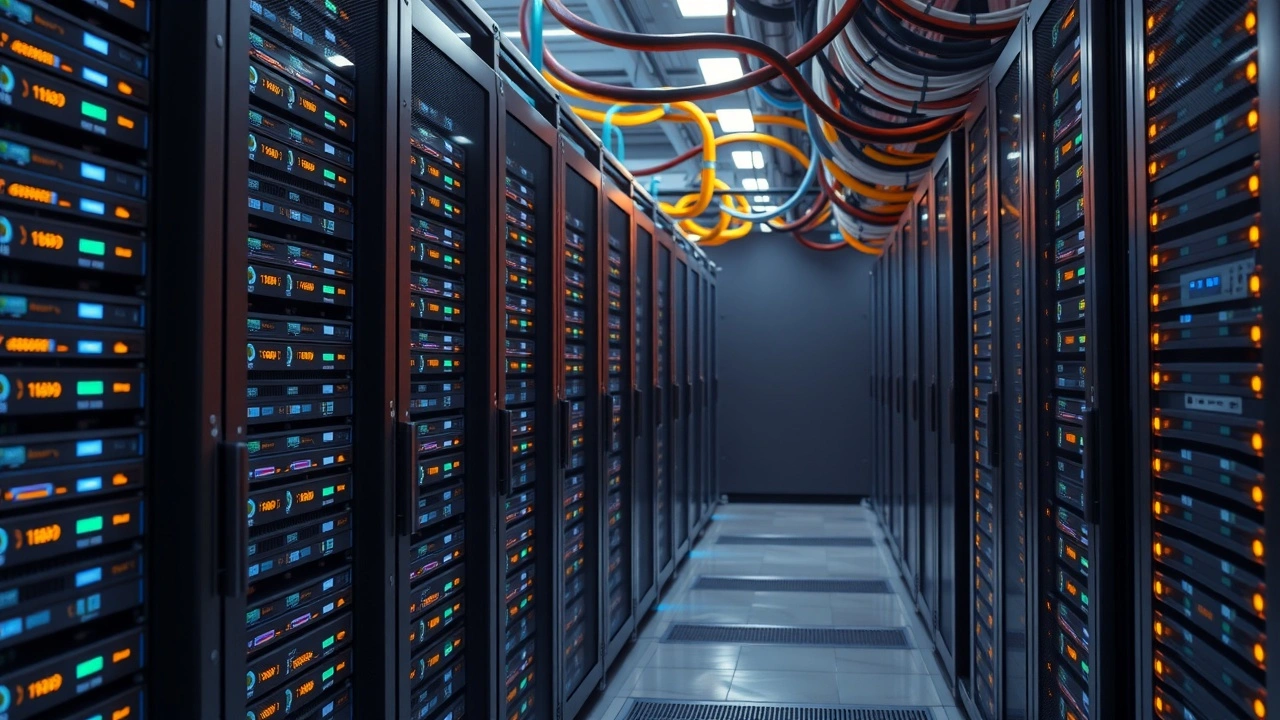 centre de donnees moderne avec serveurs et cables reseau lumineux