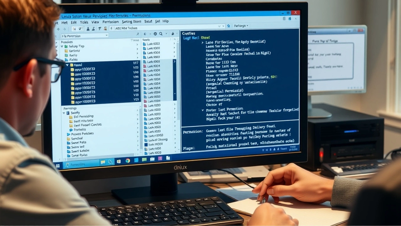 ecran ordinateur affichant permissions unix et administrateur analysant