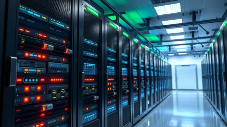 Salle de serveurs dédiée moderne illustrant la performance durable et la sécurité