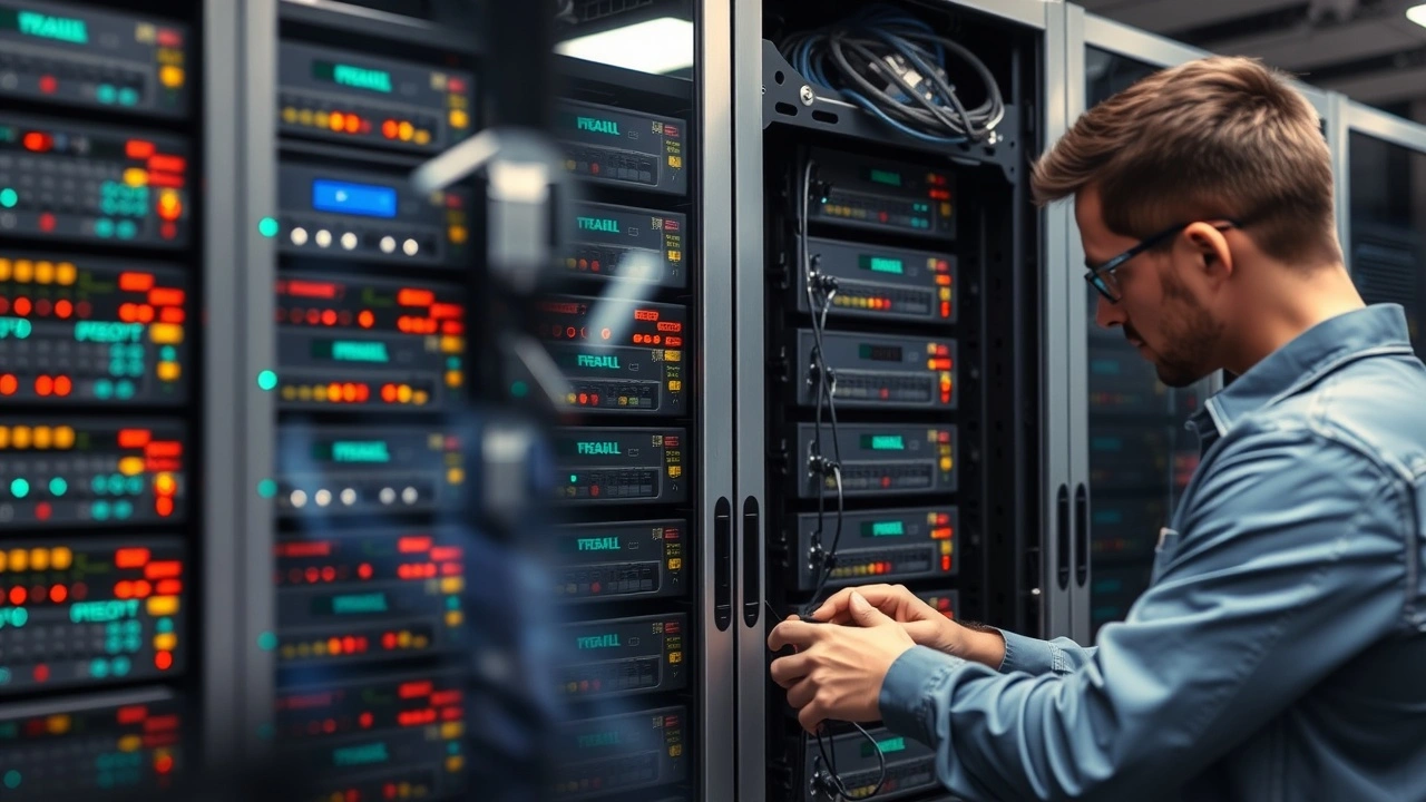 techniciens reparant serveur mail dans salle de serveurs