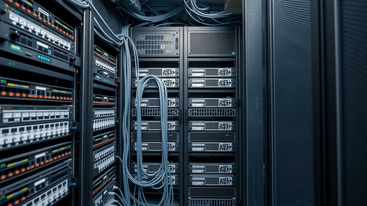 racks de serveurs avec cables reseau dans centre de donnees