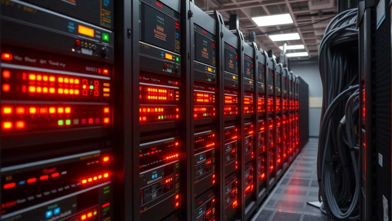 racks de serveurs dans un datacenter avec lumières rouges et vertes