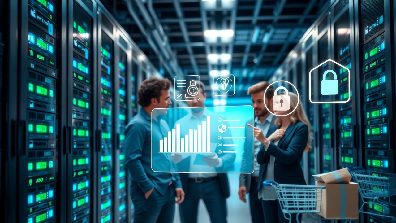 Centre de données moderne illustrant la sécurité et évolutivité de l’hébergement des boutiques en ligne