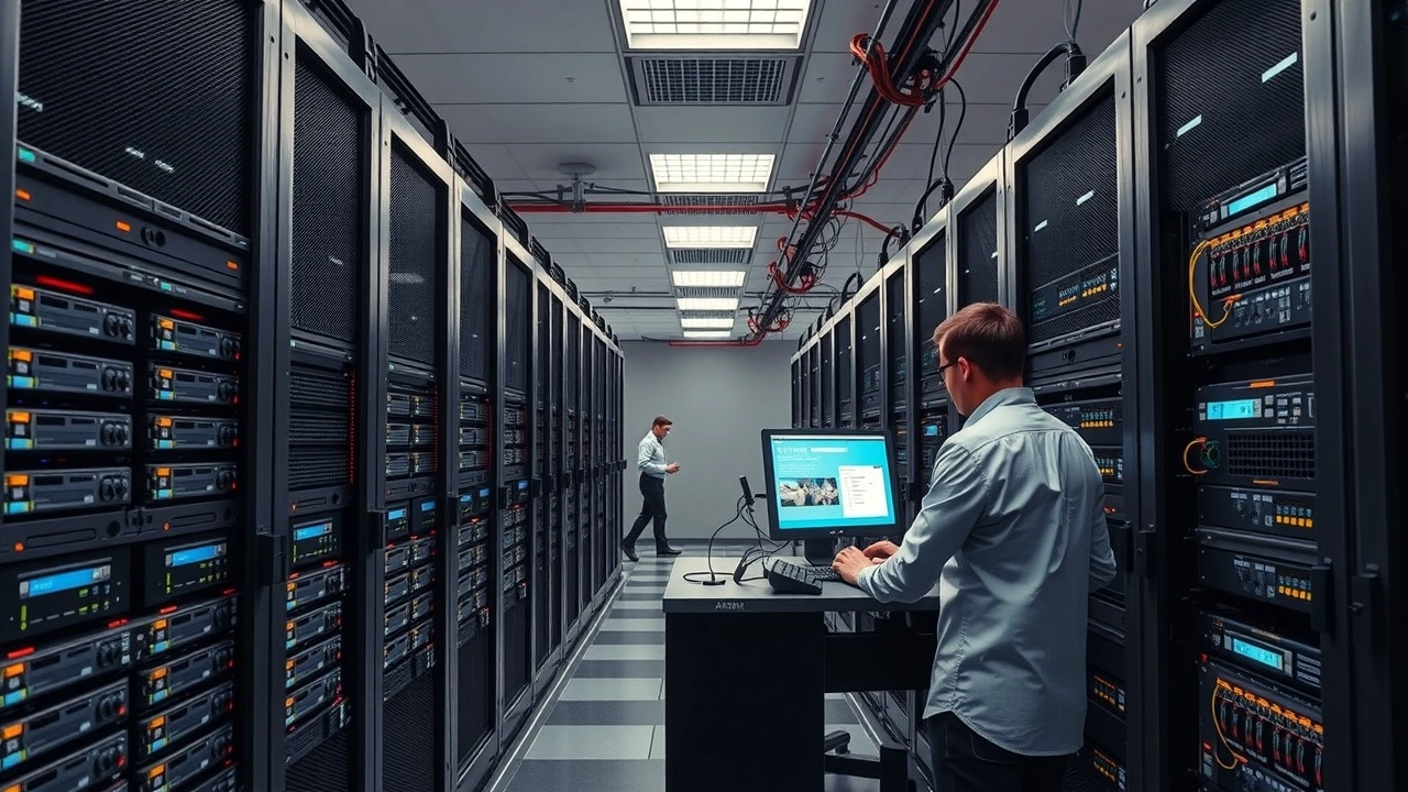 salle serveur moderne avec techniciens configurant hebergement wordpress