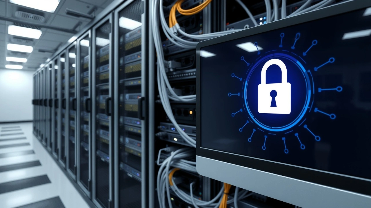 photo realiste salle serveur avec ecran affichant un cadenas ssl