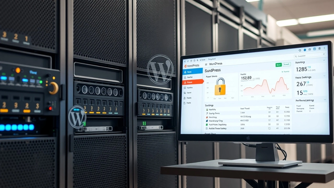 serveur informatique avec ecran montrant les reglages wordpress securite performance