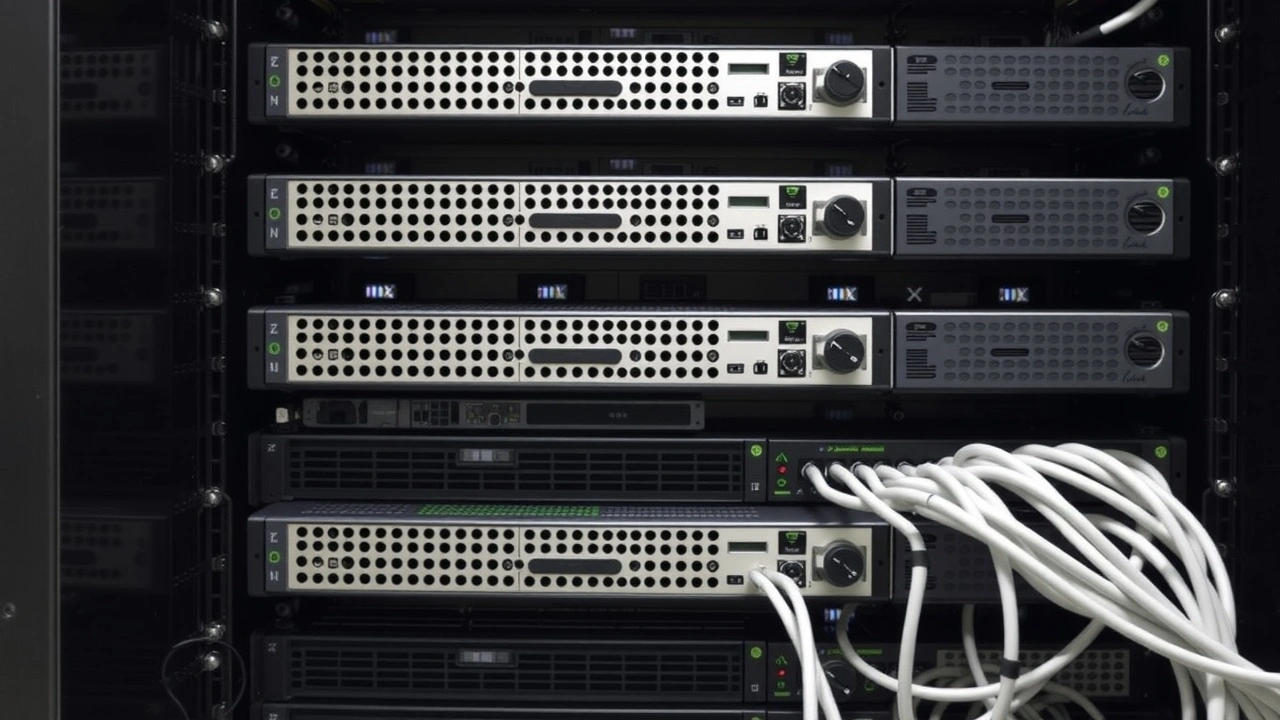 rangée de serveurs avec unités évolutives et câbles connectés