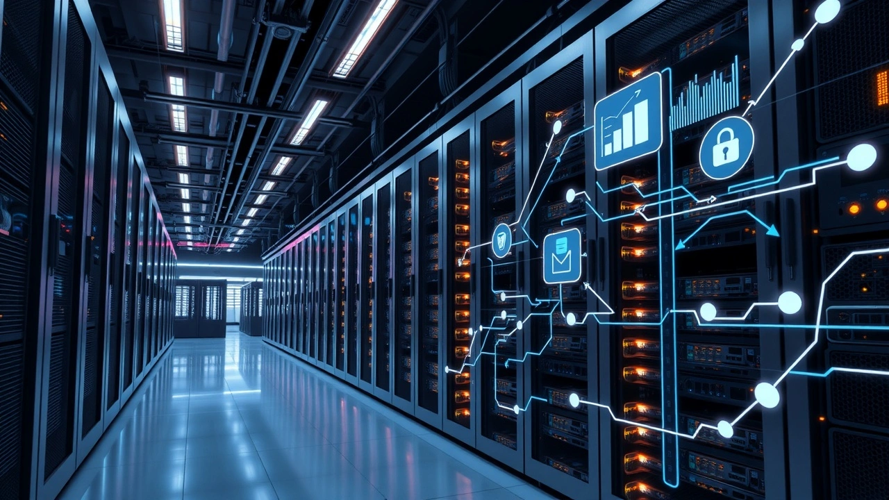 Centre de donnees moderne illustrant les solutions d hebergement intelligentes pour boutiques en ligne