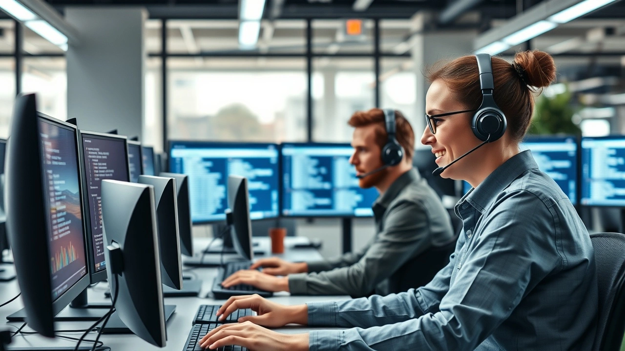 equipe support client en bureau moderne avec ordinateurs et casques