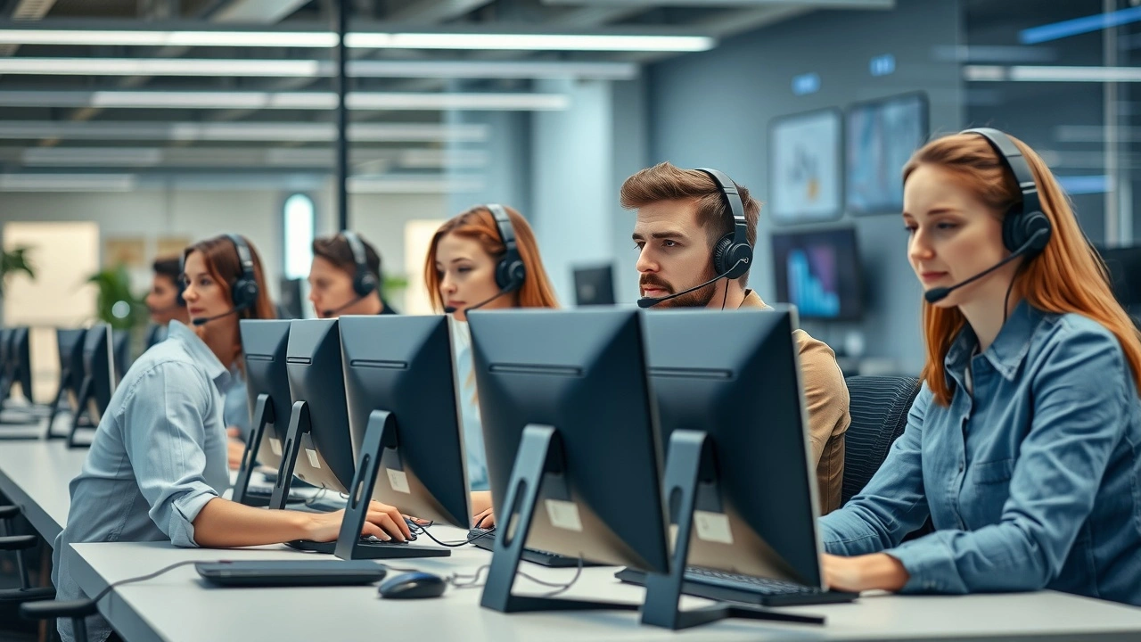 equipe support client en bureau avec ordinateurs et casques