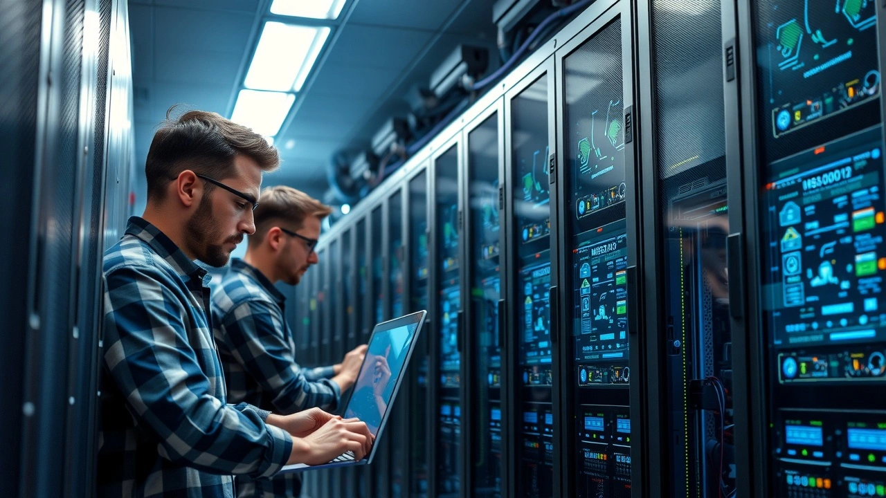 techniciens informatique travaillant sur serveurs dans centre de donnees