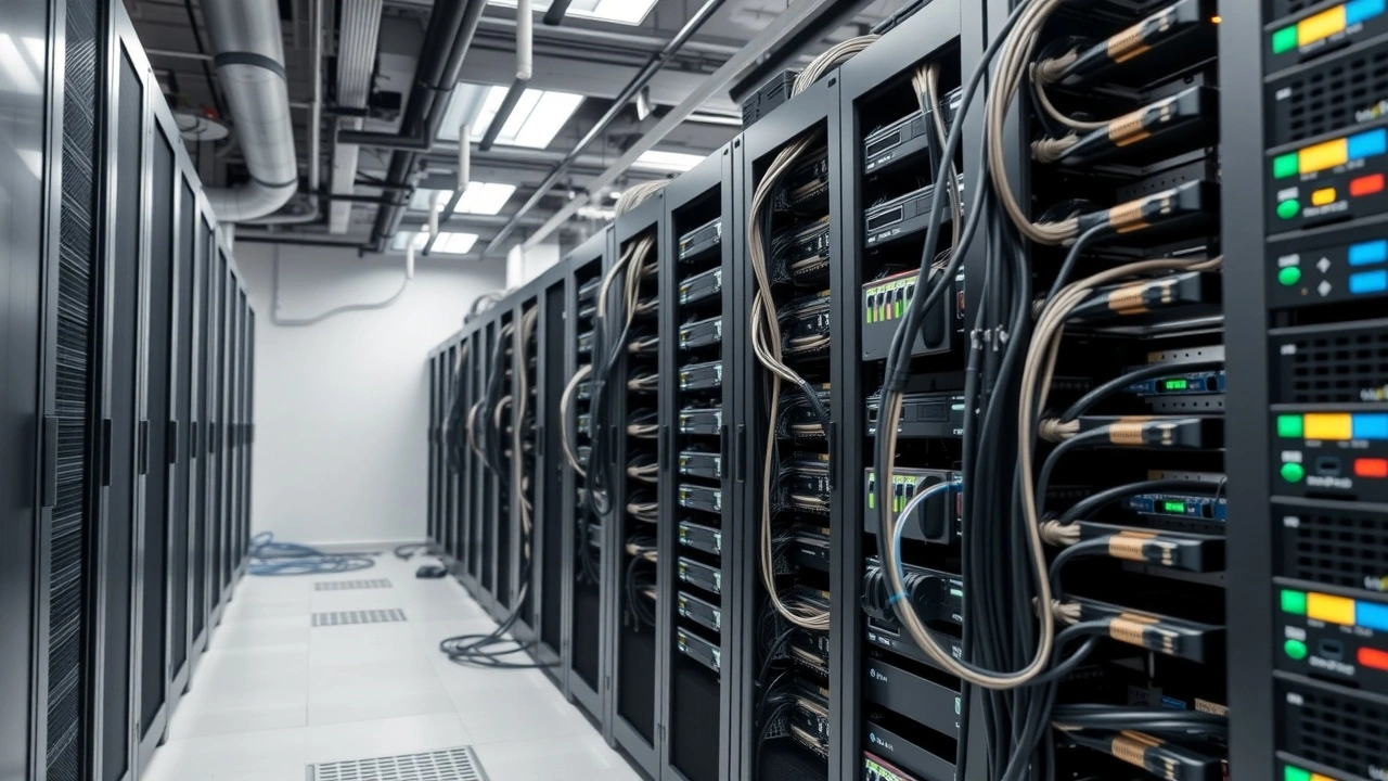 plusieurs baies de serveurs avec cables reseau connectes