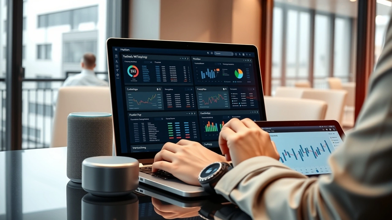 personne utilise ordinateur avec panneaux hebergement web et appareil IA