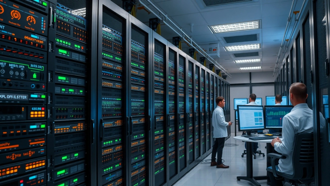 salle de serveurs moderne avec techniciens et eclairage variable