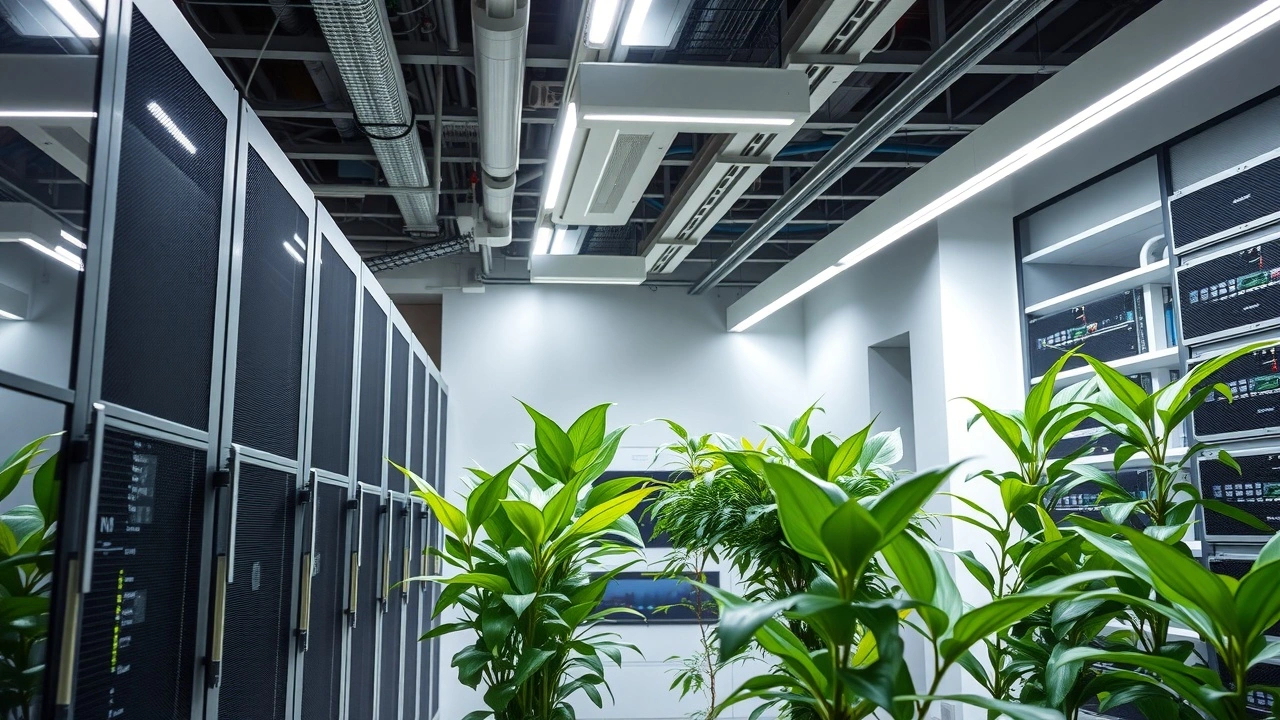 centre de donnees ecologique avec serveurs et plantes vertes