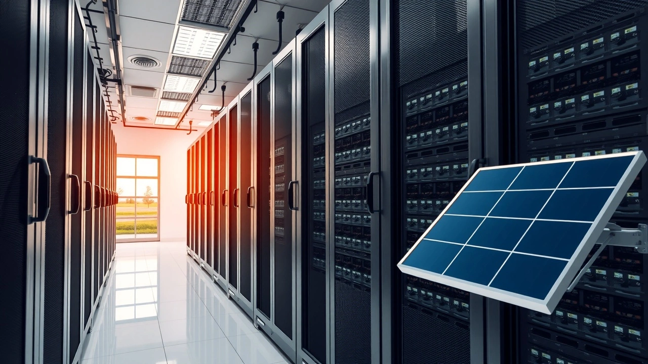 serveurs dans centre de donnees avec panneau solaire exterieur