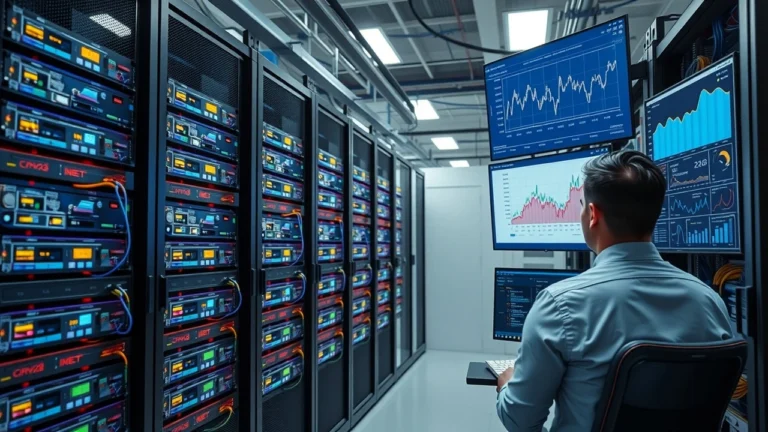 Centre de données moderne illustrant le choix dun hébergement WordPress performant pour sites à fort trafic