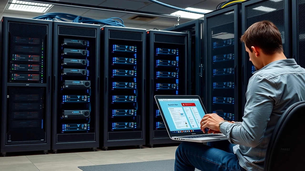 centre de donnees avec serveurs et personne comparant plans hebergement