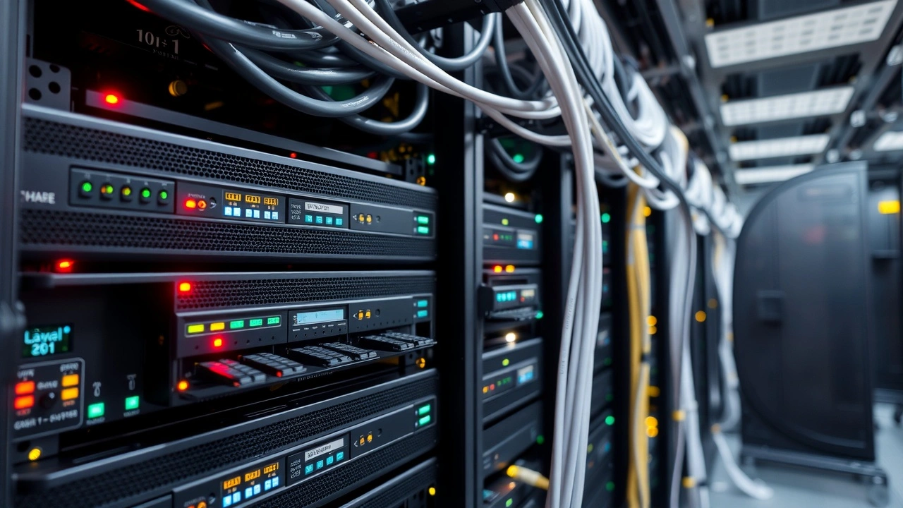 rangée de serveurs en data center avec cables et voyants allumes