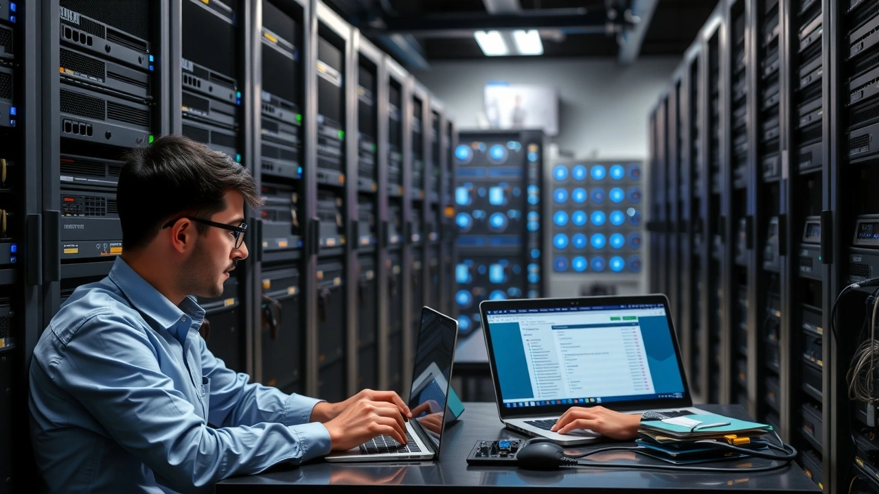 techniciens configurant des serveurs dans une salle moderne