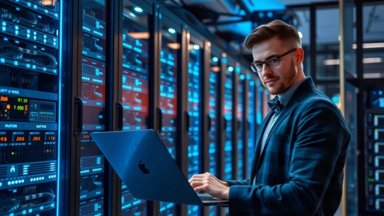 Salle serveur moderne avec professionnel configurant un hebergement web performant pour sites a fort trafic