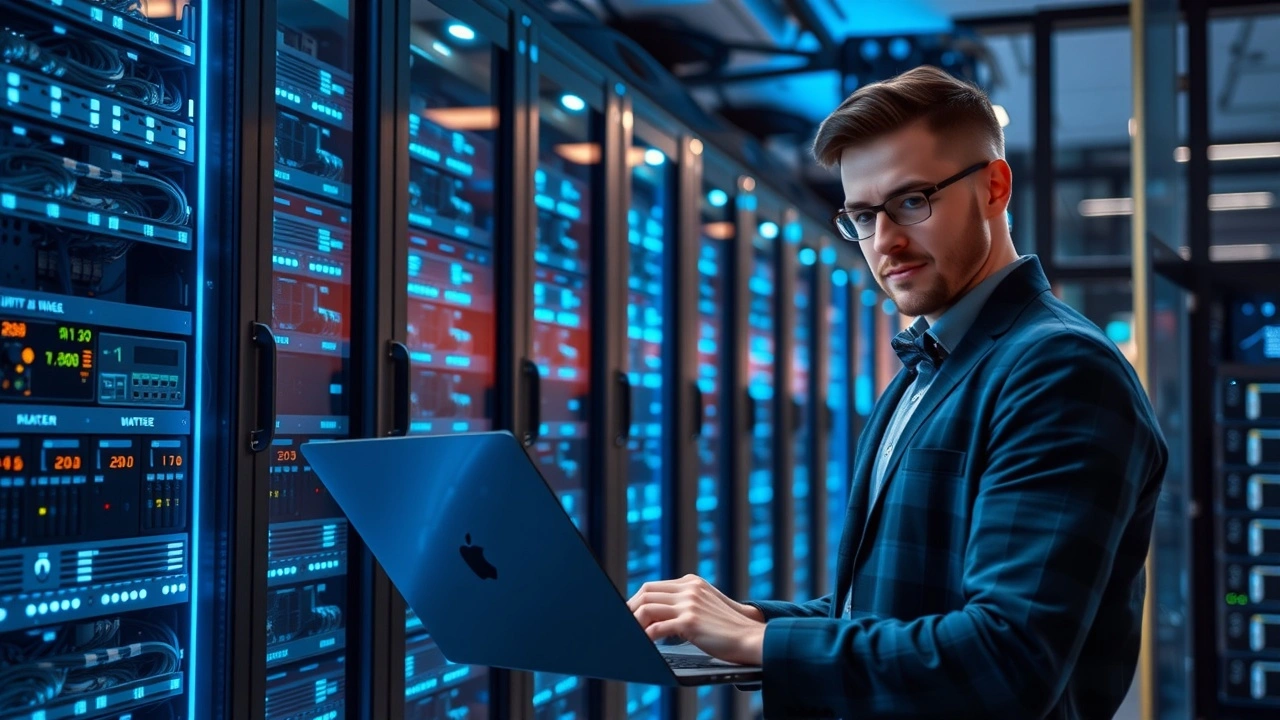 Salle serveur moderne avec professionnel configurant un hebergement web performant pour sites a fort trafic