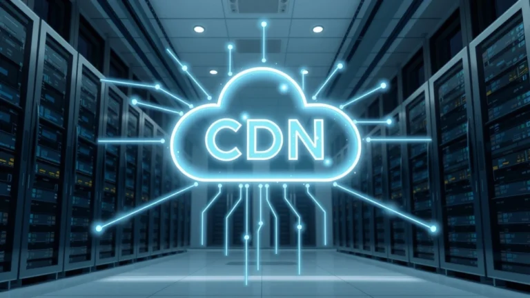 Illustration photoréaliste d'un système de cache CDN pour accélérer lhébergement web