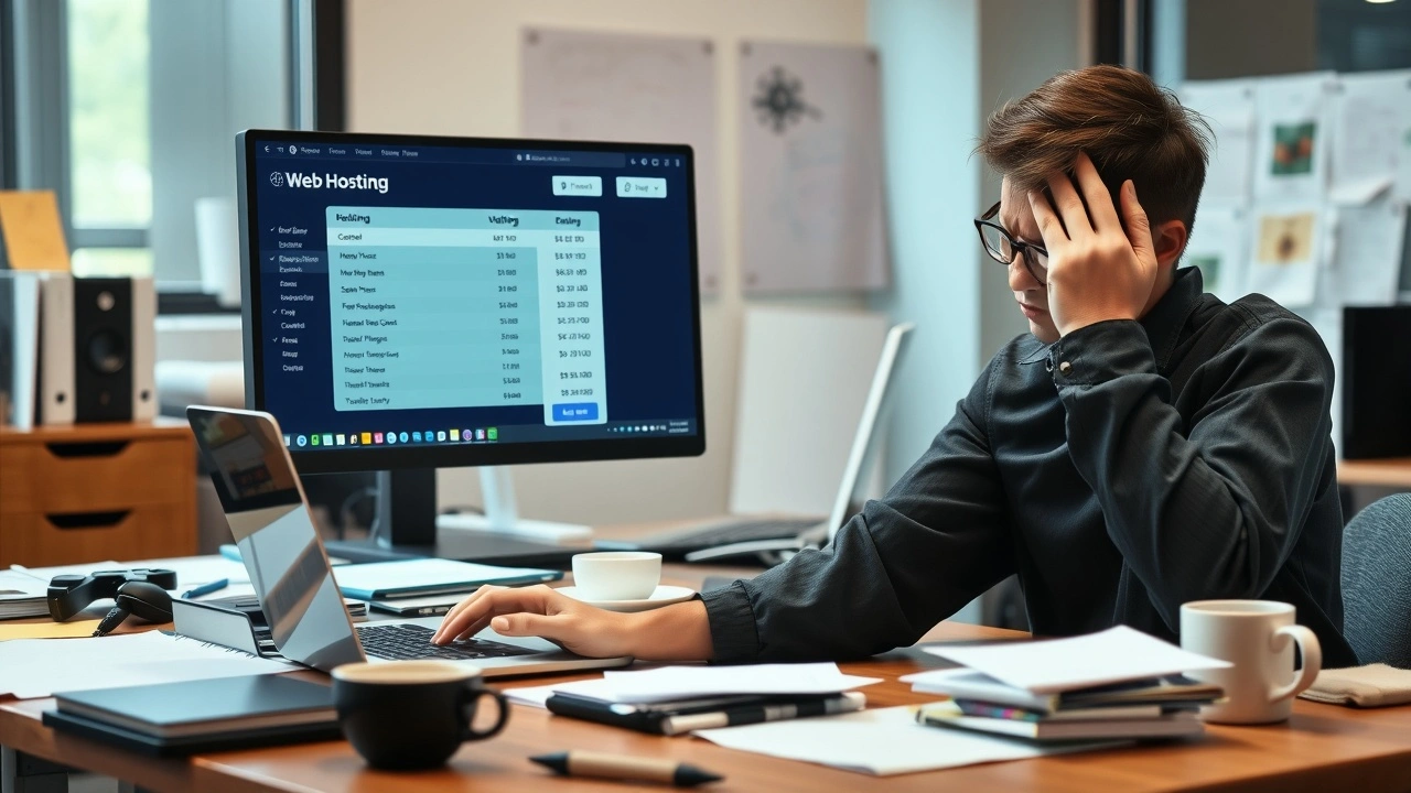 personne frustrée devant un ordinateur avec des plans dhebergement web
