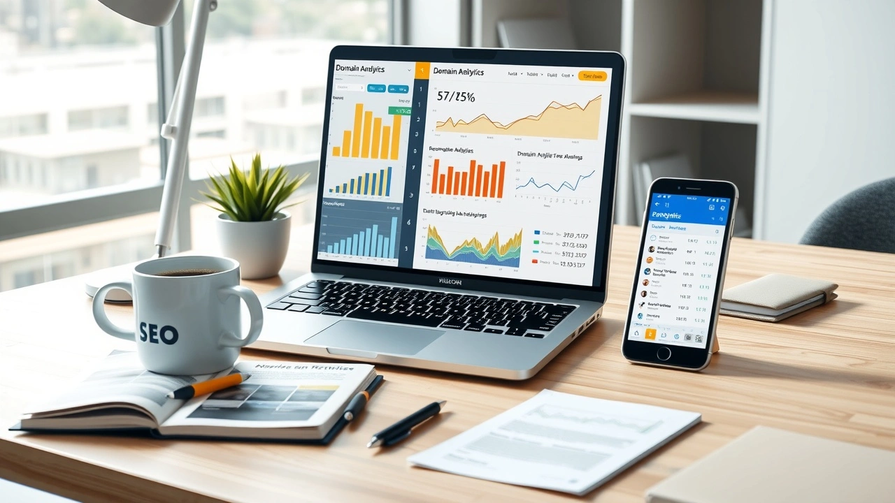 Bureau moderne avec outils pour evaluer la valeur d un nom de domaine pour un investissement SEO