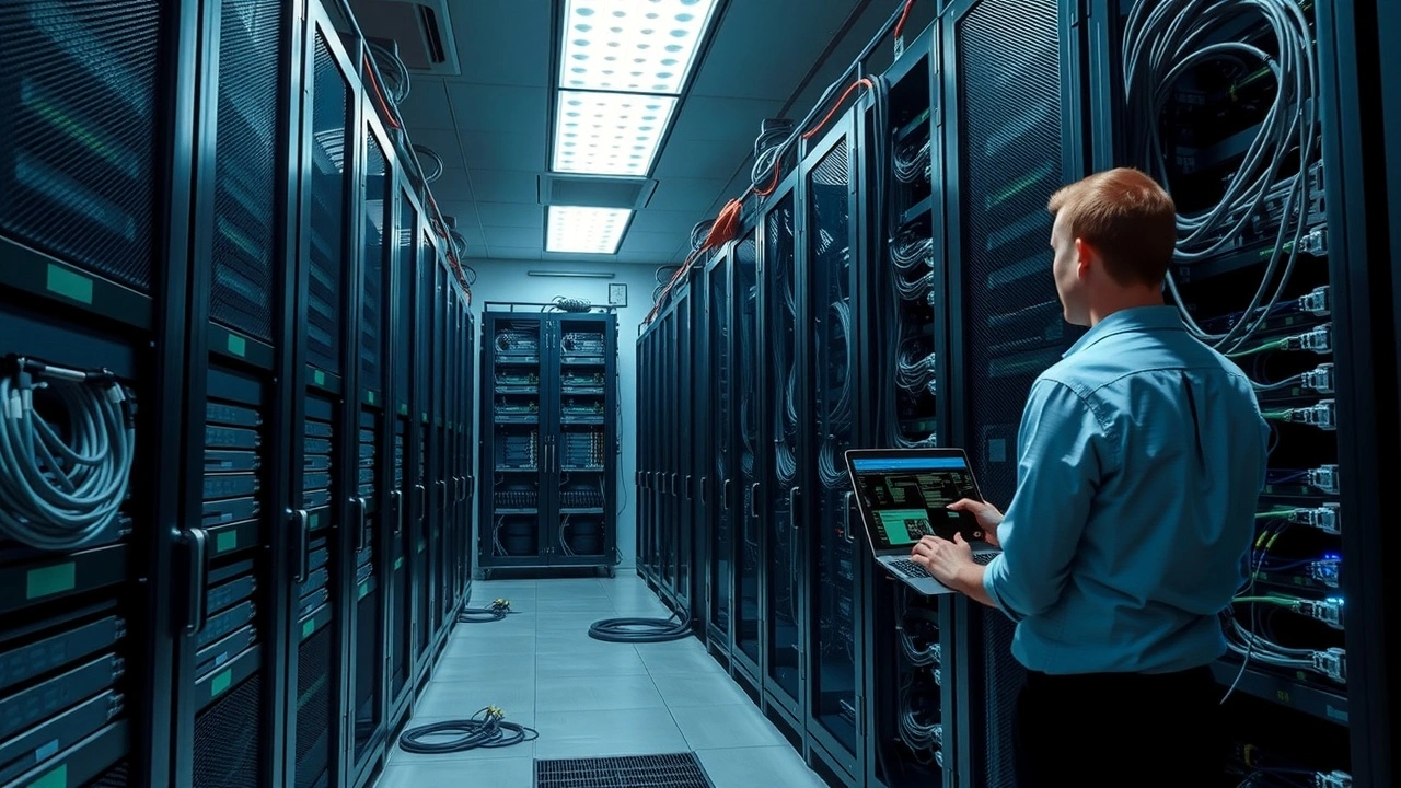 salle serveur avec personne controlant l hebergement informatique