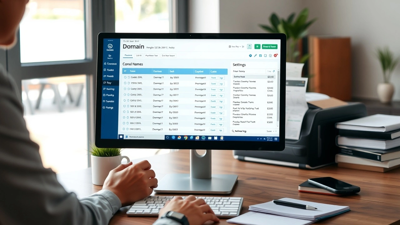 personne gerant un ordinateur avec tableau de gestion de noms de domaine