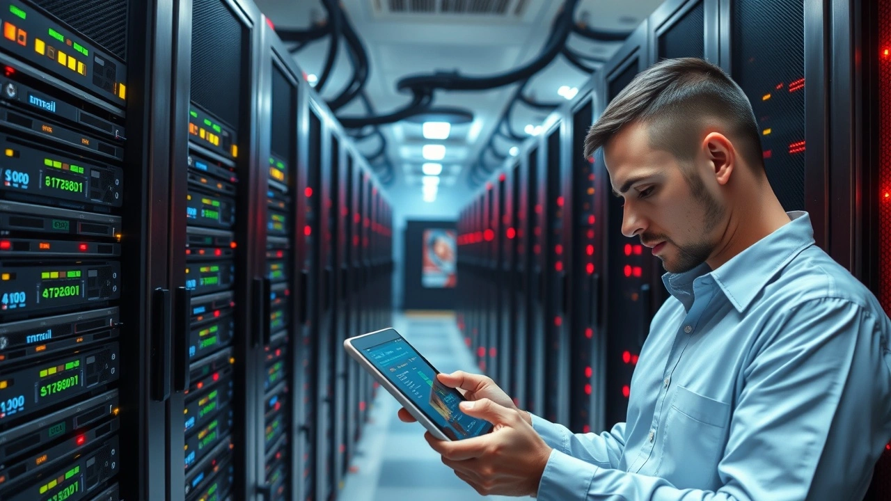 technicien devant un serveur dans une salle de serveurs moderne