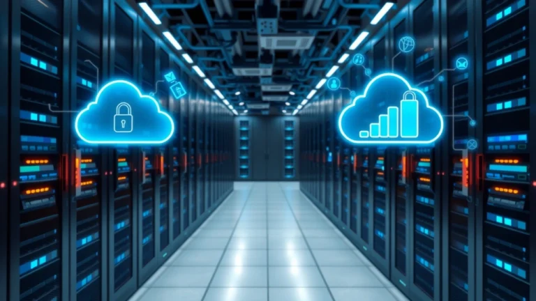 Centre de données moderne illustrant la sécurité renforcée et la performance optimale d'un cloud privé pour e-commerce