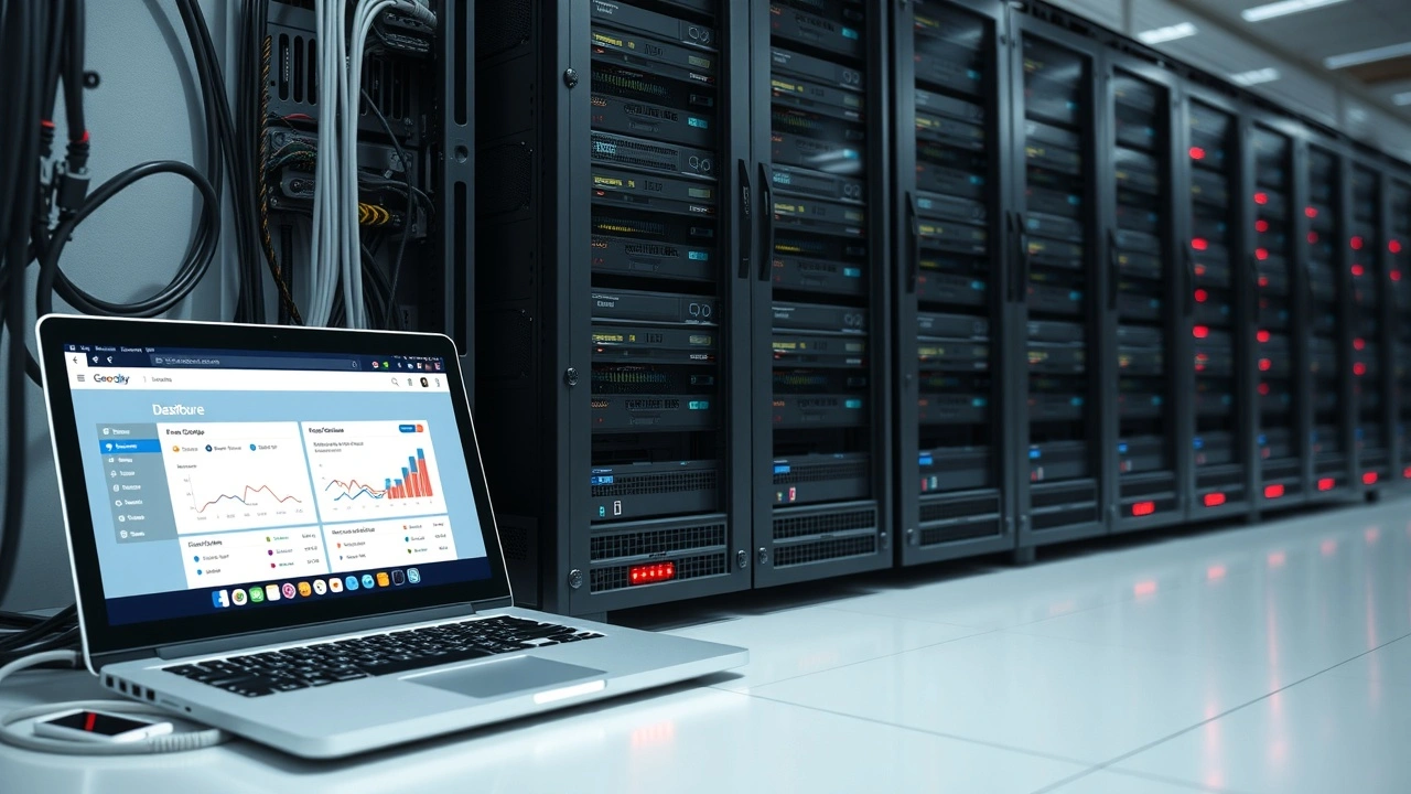 serveurs informatiques et ordinateur avec tableau de bord ecommerce