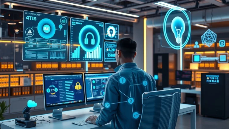 Espace de travail futuriste illustrant l’IA personnalisant les offres d’hébergement web selon les projets.