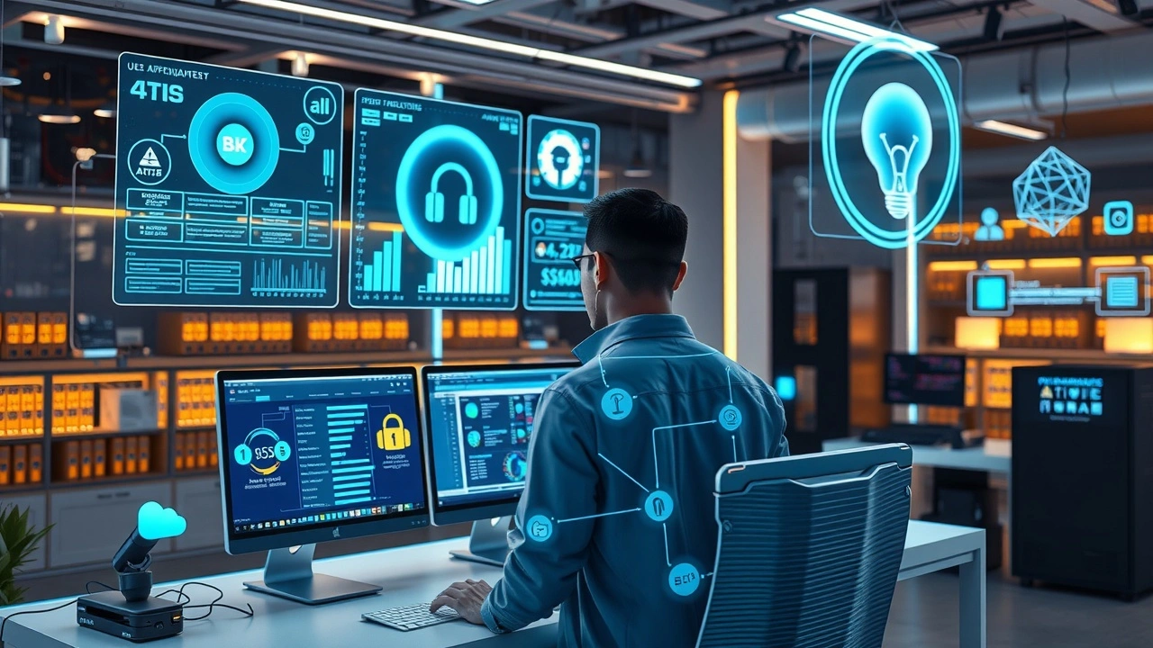 Espace de travail futuriste illustrant l’IA personnalisant les offres d’hébergement web selon les projets.