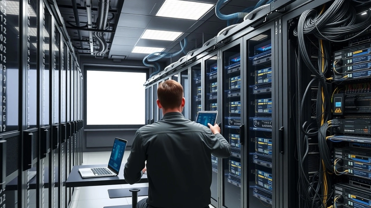 techniciens informatiques configurant serveurs en salle informatique
