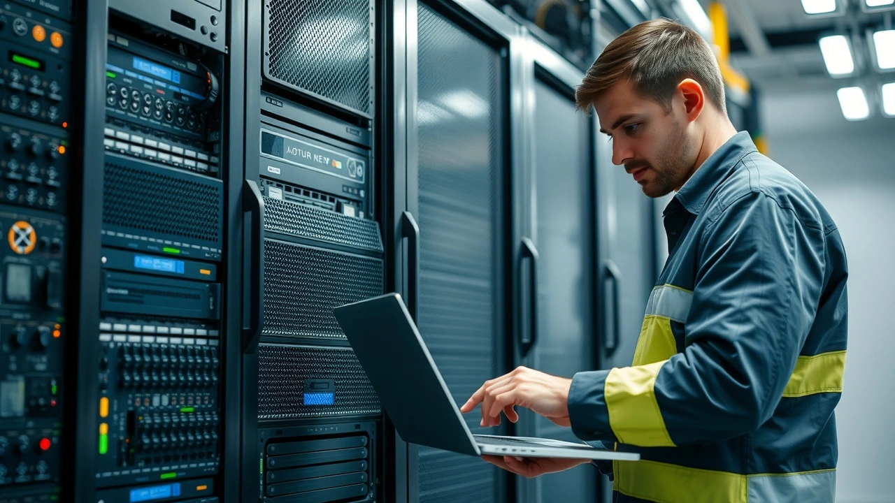 technicien en maintenance devant un serveur informatique