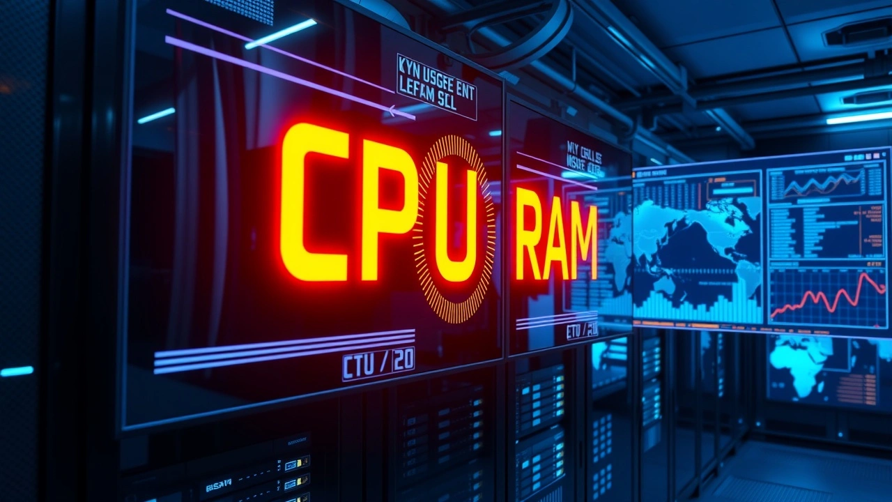 Salle serveur moderne avec indicateurs de ressources CPU et RAM en temps réel