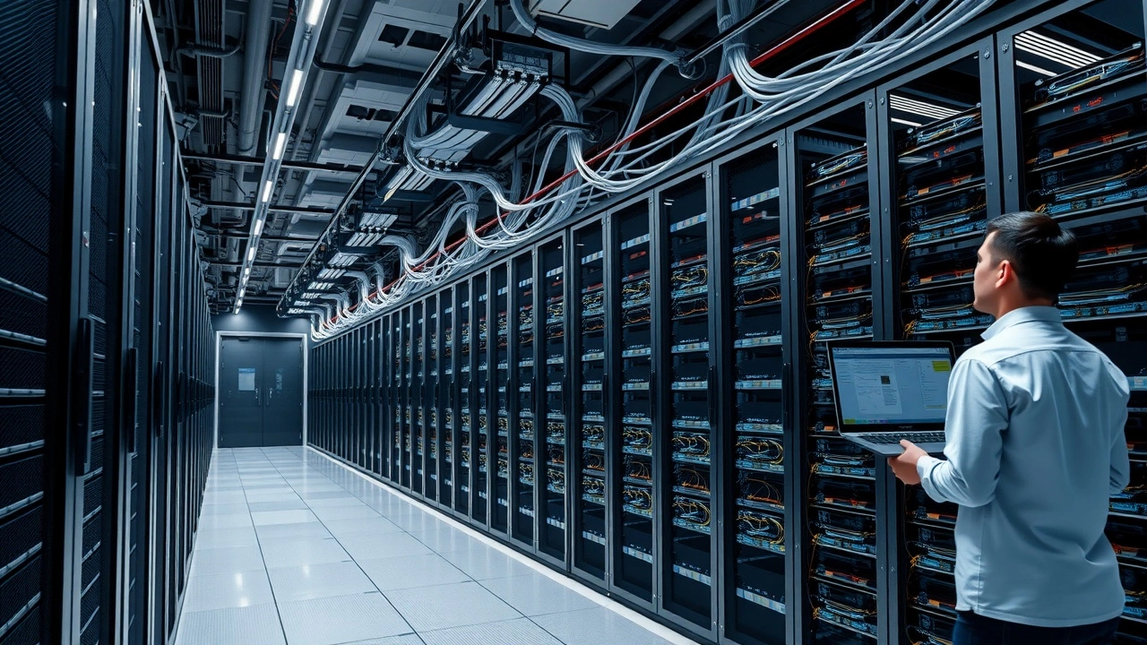 centre de donnees moderne avec serveurs et techniciens