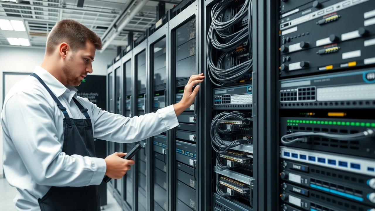 technicien ajustant un serveur dans une salle de serveurs organisee